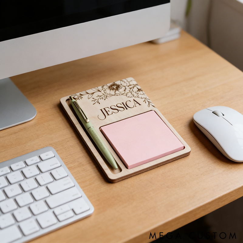 Personalized Engraved Wooden Notepad Holder Sticky Notes Holder with Pen Slot Perfect for Office Home and Gift Ideas