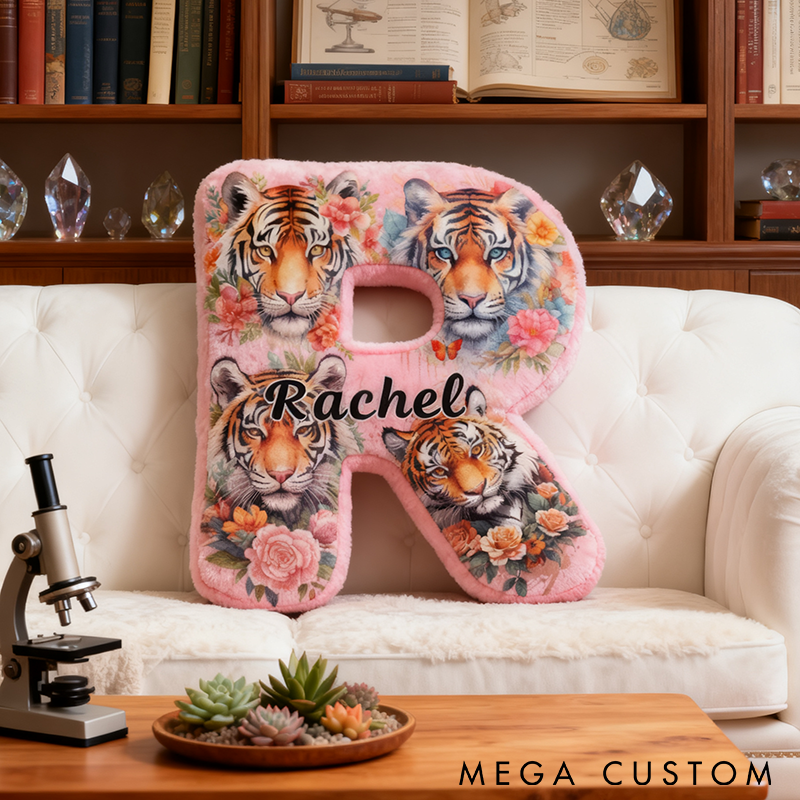 Personalized Tiger Letter Pillow Soft Plush Nature Adventure Design Custom Name Graphic 3D Print Perfect for Wildlife Enthusiasts and Unique Home Decor