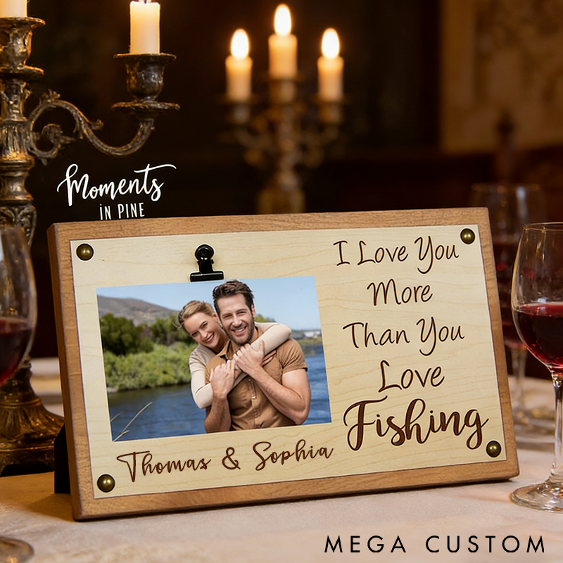 Personalized Fishing Photo Frame with Romantic Message Custom Names Perfect Gift for Couples and Fishing Lovers Rustic Wooden Design