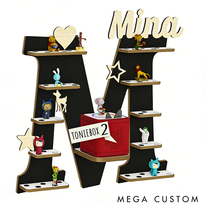 Personalized Letter Shelf for Toniebox Storage Tonie Shelf Wall Shelf for Tonie Figures Custom Name Display Wooden Organizer for Figures Kids' Room Decor with Charging Slot