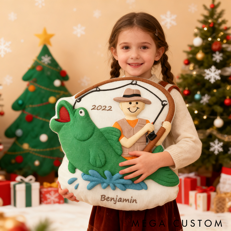 Personalized Fishing Pillow Name Gift for Kids Soft Plush with Fisherman and Fish Design Perfect for Fishing Enthusiasts and Holidays
