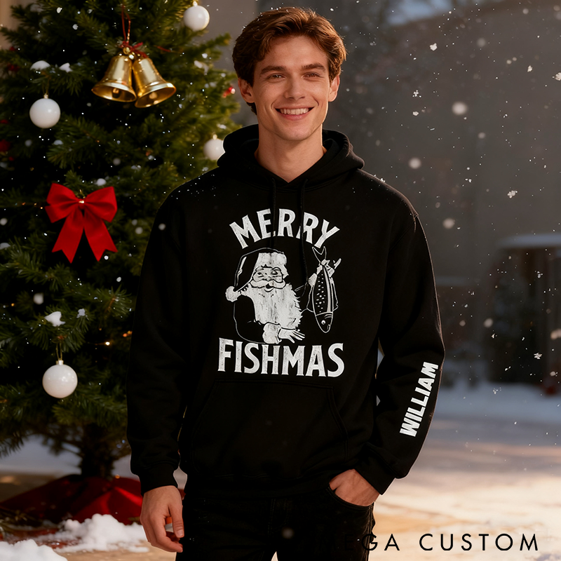 Personalized Merry Fishmas Hoodie Custom Name Hoodie Funny Fishing Sweatshirt Perfect Gift for Fishing Enthusiasts