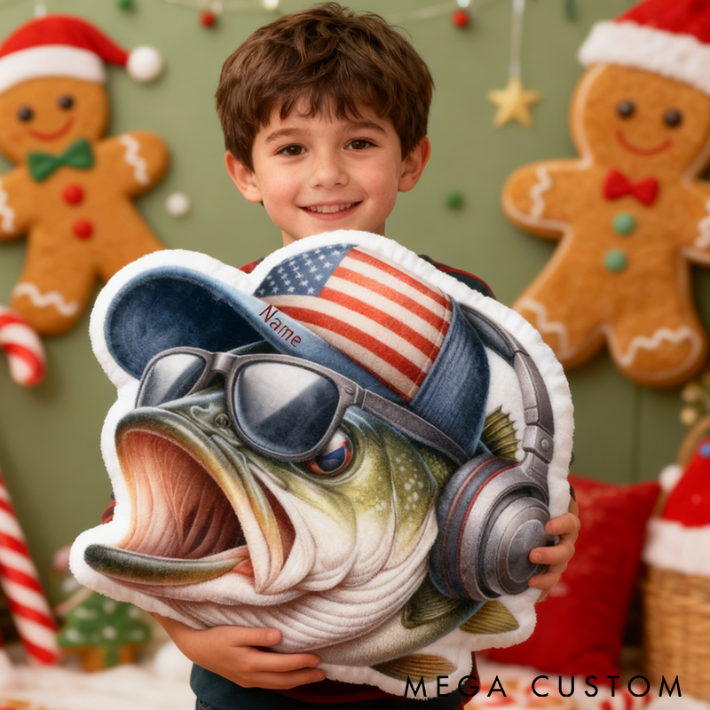Personalized Fishing Pillow Funny Fishing Pillow Custom Name Funny Fish Design with Flag Hat and Headphones Perfect Gift for Kids and Fishing Enthusiasts