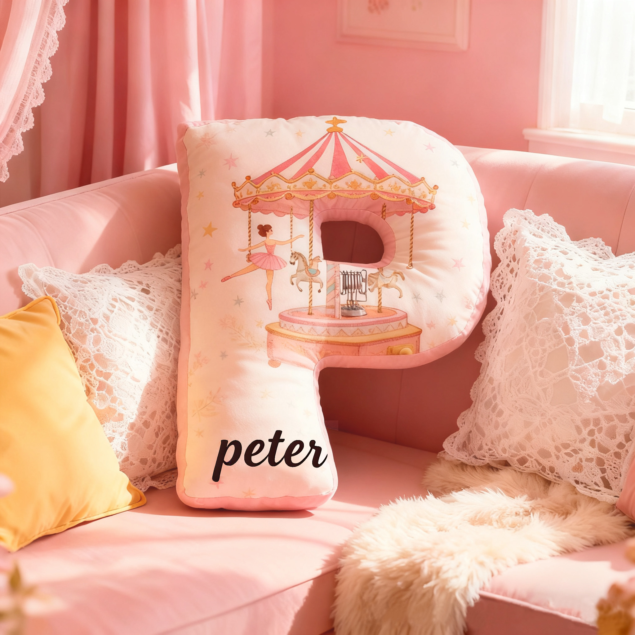 Personalized Ballet Carousel Pillow With Your Own Name Soft Stuffed Toy for Kids Unique Decorative Cushion for Girls' Room