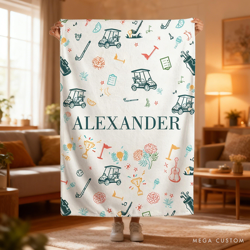 Personalized Golf Style Blanket Custom Name Gift for Golfers Players Course