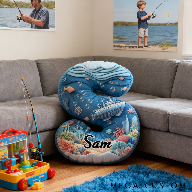 Personalized Ocean Themed Letter Pillow Fishing and Sea Life Design  Custom Name Graphic 3D Print Soft and Decorative Gift for Fishing Enthusiasts