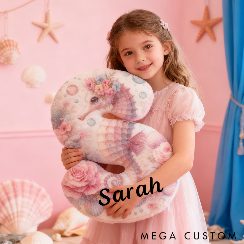 Personalized Seahorse Letter Pillow Ocean Themed Design with Floral Details Custom Name Graphic 3D Print Perfect for Fishing Lovers and Coastal Home Decor