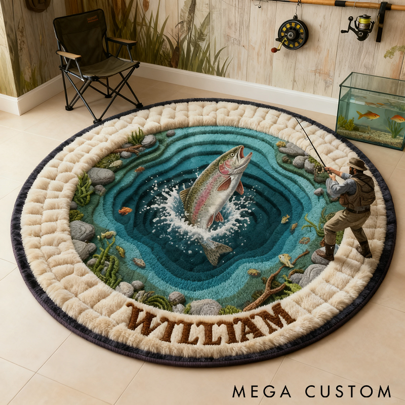 Personalized Fishing Round Rug Custom Name Graphic 3D Print Fish Design Carpet for Fishing Enthusiasts Perfect Home Decor and Unique Gift