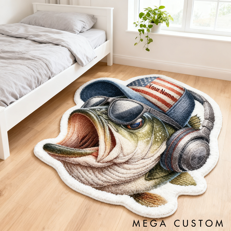 Personalized Fishing Rug Custom Name Funny Fish Design with Hat and Headphones Soft and Durable Carpet for Bedroom or Fishing Themed Decor