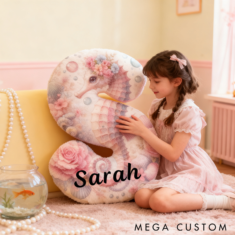 Personalized Seahorse Letter Pillow Ocean Themed Design with Floral Details Custom Name Graphic 3D Print Perfect for Fishing Lovers and Coastal Home Decor