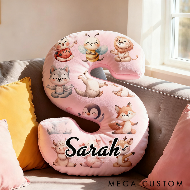 Personalized Yoga Letter Pillow Custom Name Cushion with Adorable Animal Yoga Poses Soft and Fun Gift for Yoga Fans and Home Decor