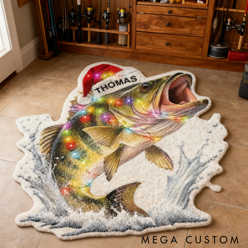 Personalized Fishing Rug Custom Name Fish Design with Christmas Lights Soft Carpet for Kids Room or Fishing Lovers Home Decor