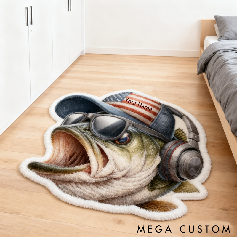 Personalized Fishing Rug Custom Name Funny Fish Design with Hat and Headphones Soft and Durable Carpet for Bedroom or Fishing Themed Decor