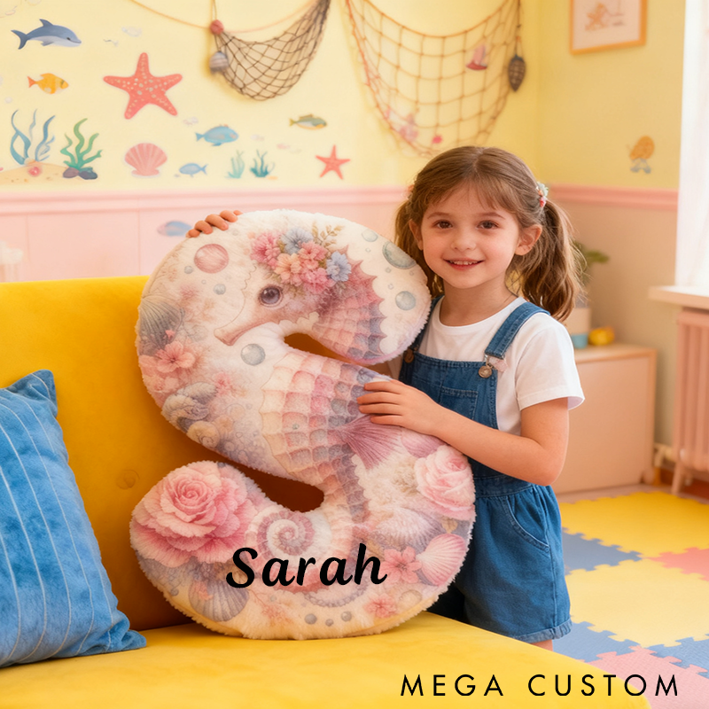 Personalized Seahorse Letter Pillow Ocean Themed Design with Floral Details Custom Name Graphic 3D Print Perfect for Fishing Lovers and Coastal Home Decor