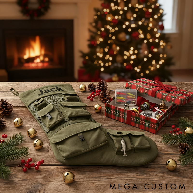 Personalized Fishing Christmas Stocking Christmas Decor Custom Name Stocking Multi-Pocket Design Perfect Holiday Gift for Anglers