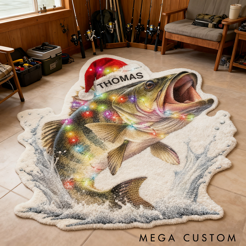 Personalized Fishing Rug Custom Name Fish Design with Christmas Lights Soft Carpet for Kids Room or Fishing Lovers Home Decor