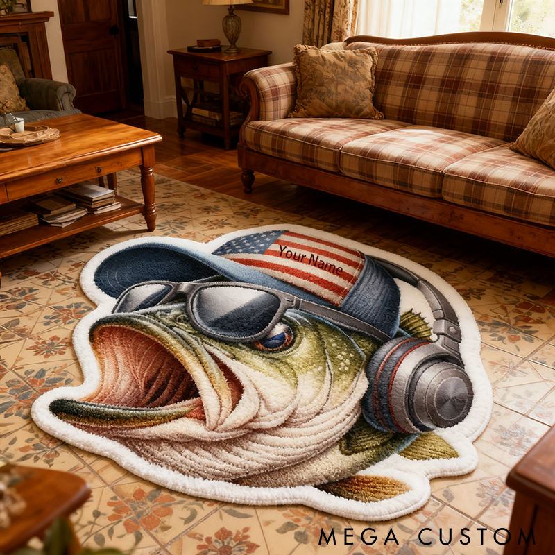 Personalized Fishing Rug Custom Name Funny Fish Design with Hat and Headphones Soft and Durable Carpet for Bedroom or Fishing Themed Decor