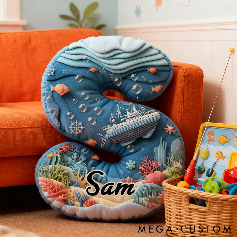 Personalized Ocean Themed Letter Pillow Fishing and Sea Life Design  Custom Name Graphic 3D Print Soft and Decorative Gift for Fishing Enthusiasts