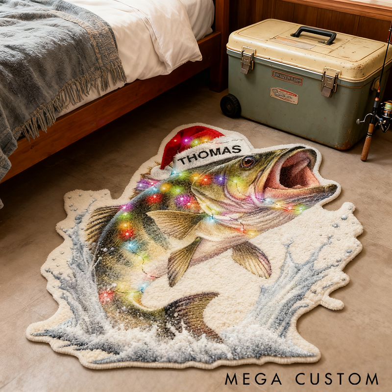 Personalized Fishing Rug Custom Name Fish Design with Christmas Lights Soft Carpet for Kids Room or Fishing Lovers Home Decor