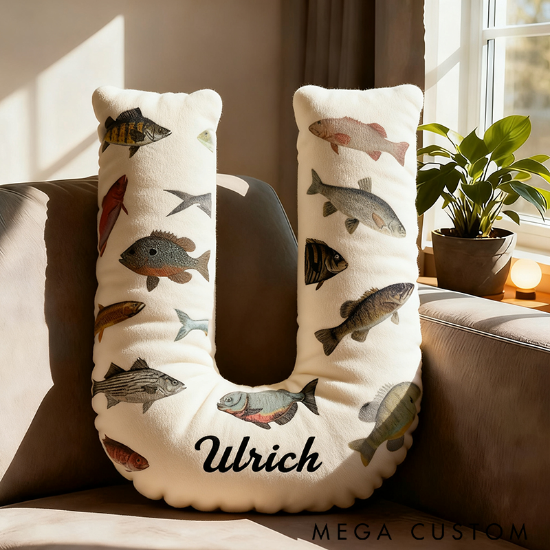 Personalized Fish Themed Letter Pillow Funny Fishing Pillow Custom Name with Colorful Fish Design Perfect Gift for Fishing Enthusiasts and Kids