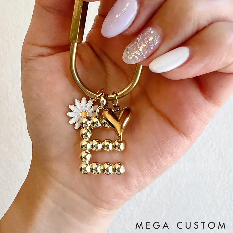 Personalized Gold Letter Keyring with Cute Charms Custom Initial Keychains Initial Bag Charm Gold Heart Keychains Letters Charm Aesthetic Keychains Perfect for Bags Keys or Gift Giving