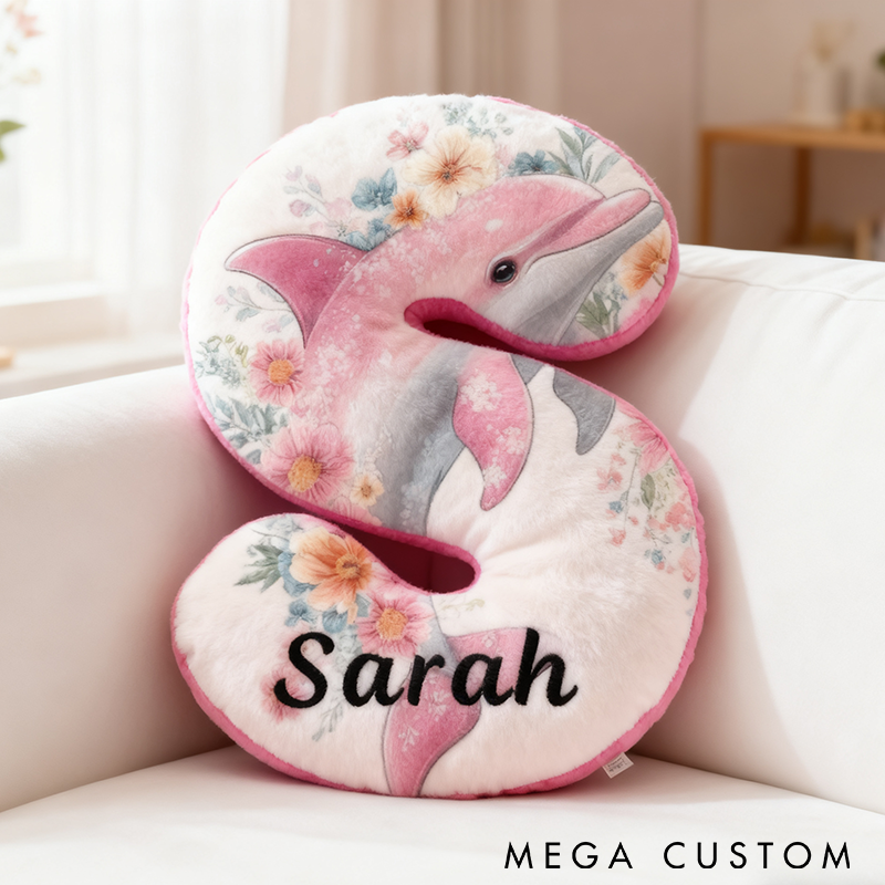 Personalized Dolphin Letter Pillow Ocean Themed Design with Floral Details Custom Name Perfect for Fishing Enthusiasts and Coastal Home Decor