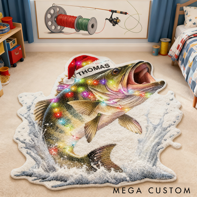 Personalized Fishing Rug Custom Name Fish Design with Christmas Lights Soft Carpet for Kids Room or Fishing Lovers Home Decor
