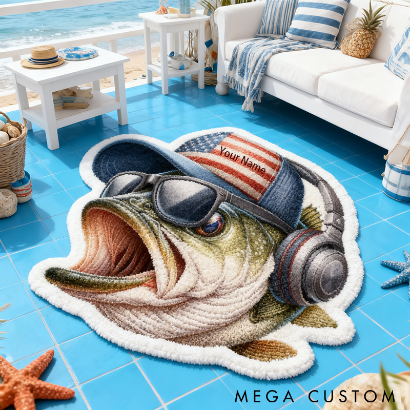 Personalized Fishing Rug Custom Name Funny Fish Design with Hat and Headphones Soft and Durable Carpet for Bedroom or Fishing Themed Decor