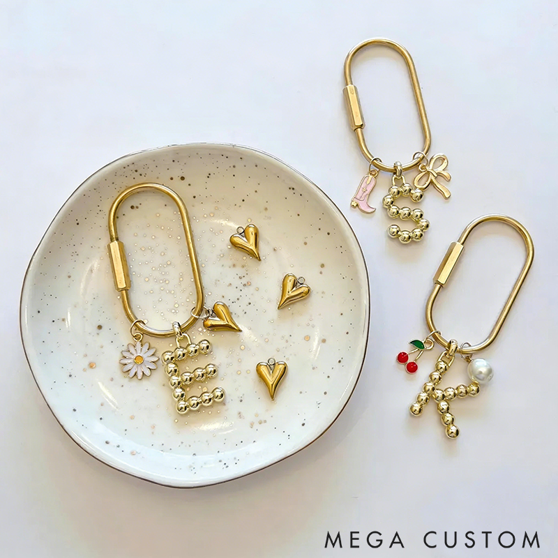 Personalized Gold Letter Keyring with Cute Charms Custom Initial Keychains Initial Bag Charm Gold Heart Keychains Letters Charm Aesthetic Keychains Perfect for Bags Keys or Gift Giving