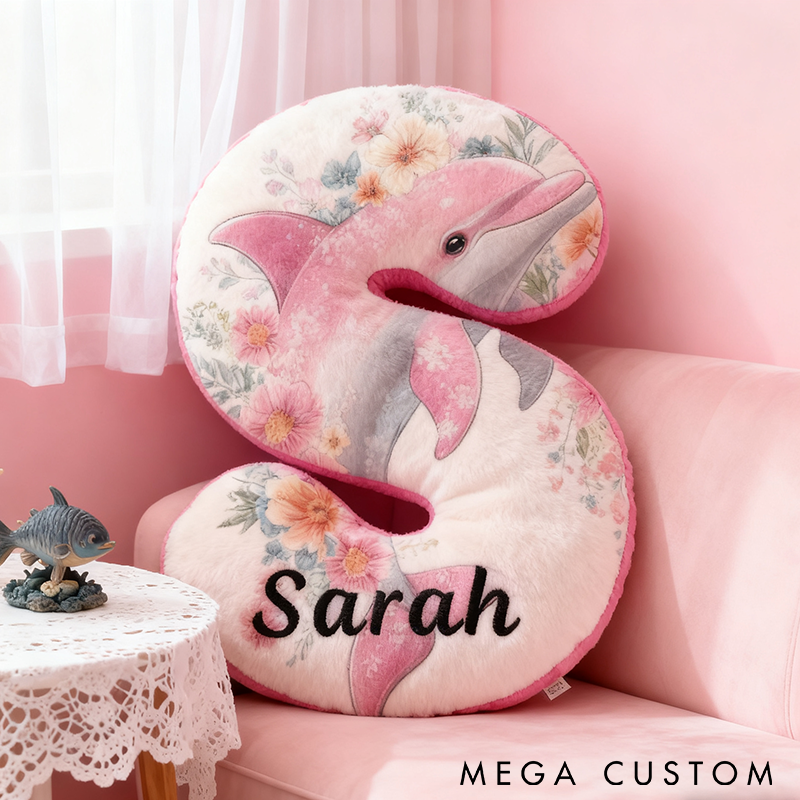 Personalized Dolphin Letter Pillow Ocean Themed Design with Floral Details Custom Name Perfect for Fishing Enthusiasts and Coastal Home Decor