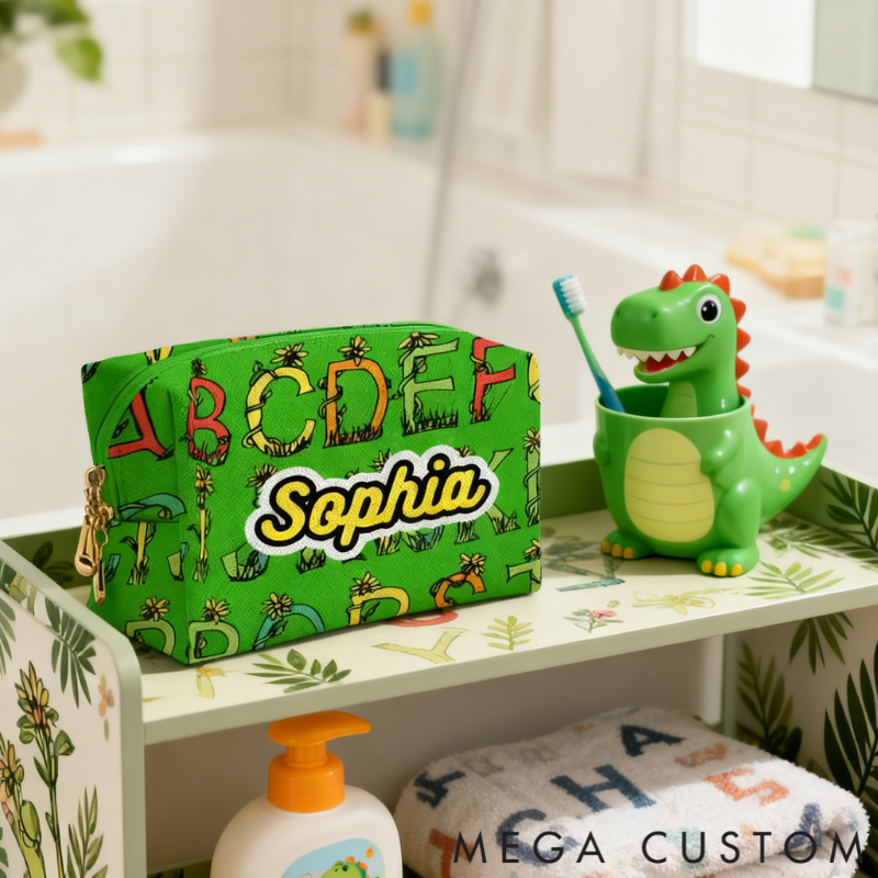 Personalized Botanical Alphabet Toiletry Bag Custom Name for Kids Travel Gifts and Daily Use