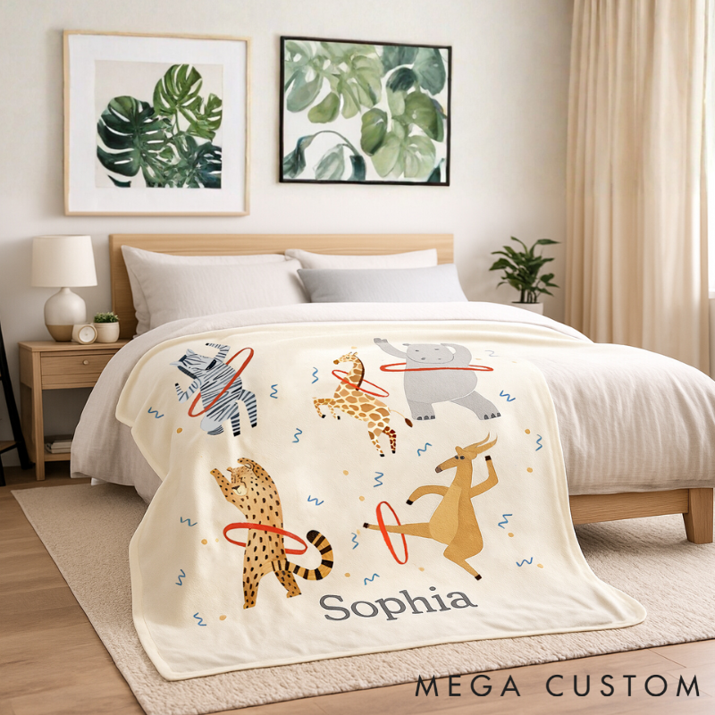 Personalized Whimsical Animal Hula Hooping Blanket Custom Name Kids Room Decor Fun Gift for Kids