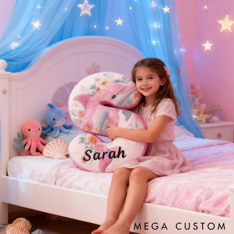 Personalized Dolphin Letter Pillow Ocean Themed Design with Floral Details Custom Name Perfect for Fishing Enthusiasts and Coastal Home Decor