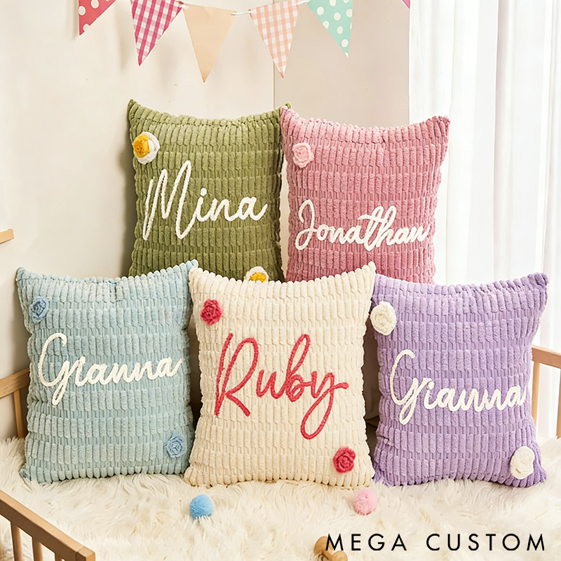 Personalized Knitted Throw Pillow Custom Name and Floral Accents Soft and Cozy Multiple Colors Perfect for Home Decor or Gifts