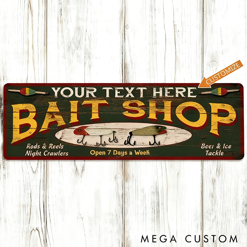 Personalized Bait Shop Sign Fishing Signs Decor Man Cave Decorations Custom Fishing Decor with Vintage Design Perfect for Tackle Shops Garages or Fishing Enthusiasts Spaces