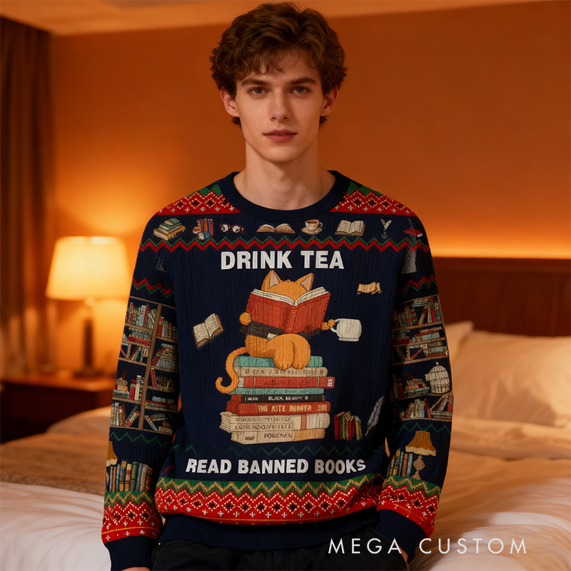 Personalized Rebel Reader Tea Time Ugly Sweater Holiday Gift for Librarians