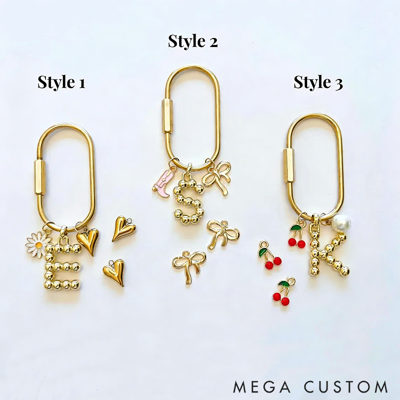 Personalized Gold Letter Keyring with Cute Charms Custom Initial Keychains Initial Bag Charm Gold Heart Keychains Letters Charm Aesthetic Keychains Perfect for Bags Keys or Gift Giving