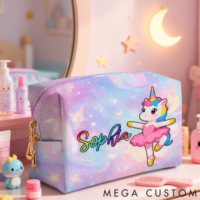 Personalized Ballet Themed Unicorn Custom Name Toiletry Bag for Kids Travel Gifts and Daily Use