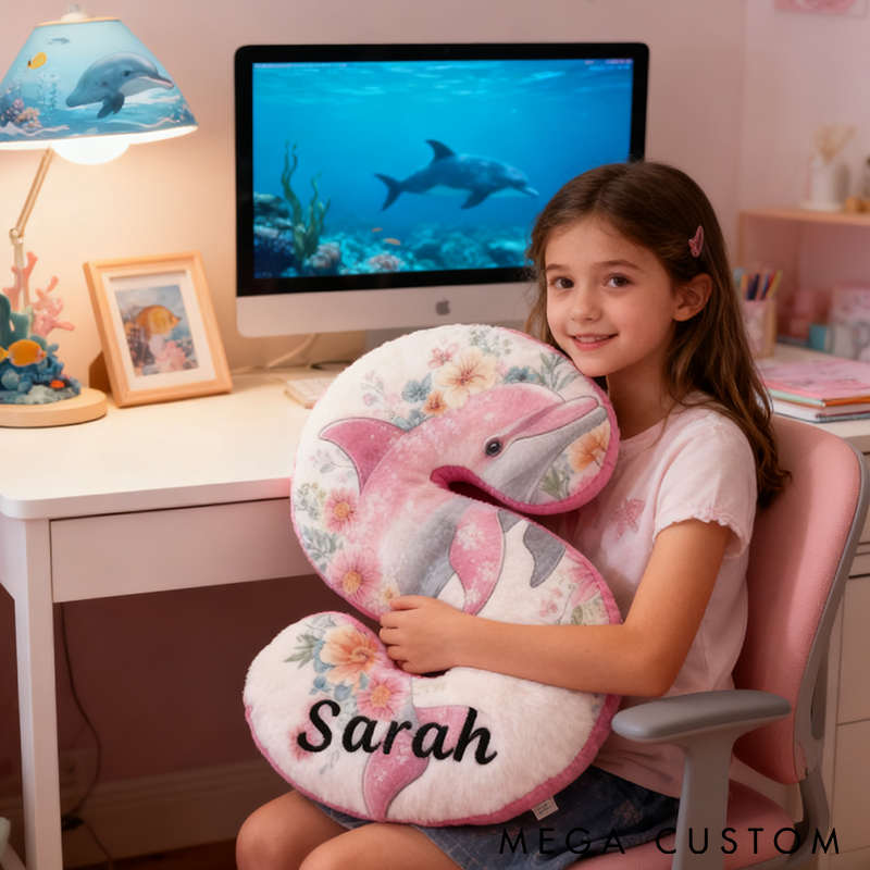 Personalized Dolphin Letter Pillow Ocean Themed Design with Floral Details Custom Name Perfect for Fishing Enthusiasts and Coastal Home Decor