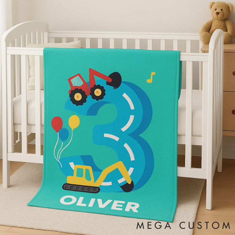 Personalized Fun Construction Vehicles Decor Blanket Custom Name Age Kids Room Gift Cozy Fun for Kids