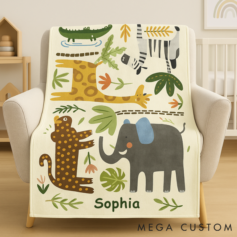 Personalized Fun Hand Drawn Animal Town Blanket Custom Name Kids Room Decor Cozy Gift for Kids