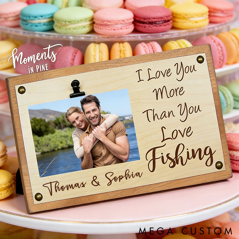 Personalized Fishing Photo Frame with Romantic Message Custom Names Perfect Gift for Couples and Fishing Lovers Rustic Wooden Design