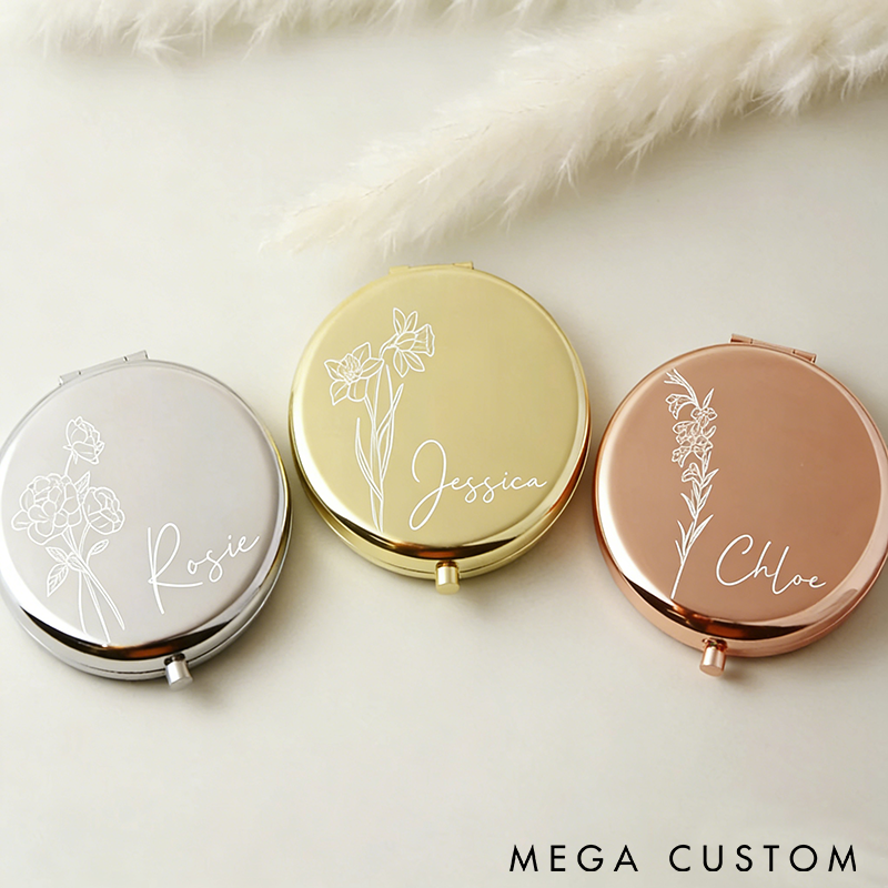 Personalized Compact Mirror Custom Name and Birth Flower Pocket Mirror Portable Makeup Mirror Perfect Gift for Women