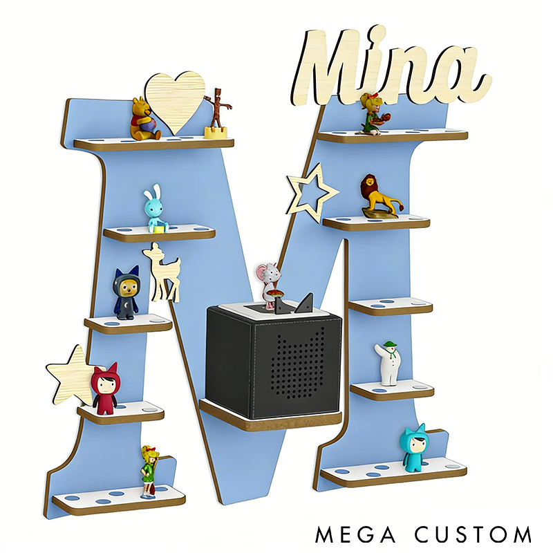 Personalized Letter Shelf for Toniebox Storage Tonie Shelf Wall Shelf for Tonie Figures Custom Name Display Wooden Organizer for Figures Kids' Room Decor with Charging Slot