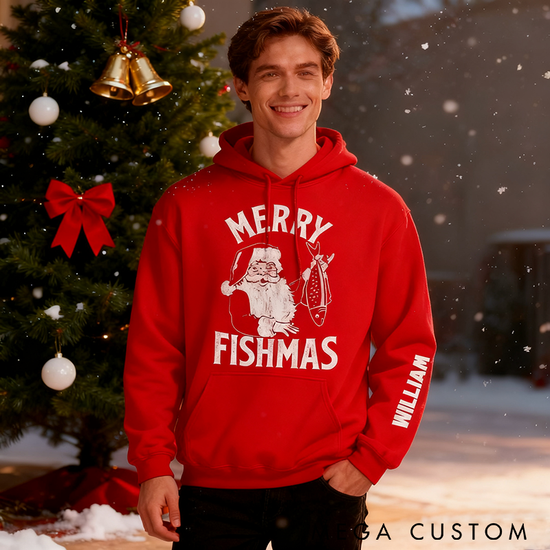 Personalized Merry Fishmas Hoodie Custom Name Hoodie Funny Fishing Sweatshirt Perfect Gift for Fishing Enthusiasts