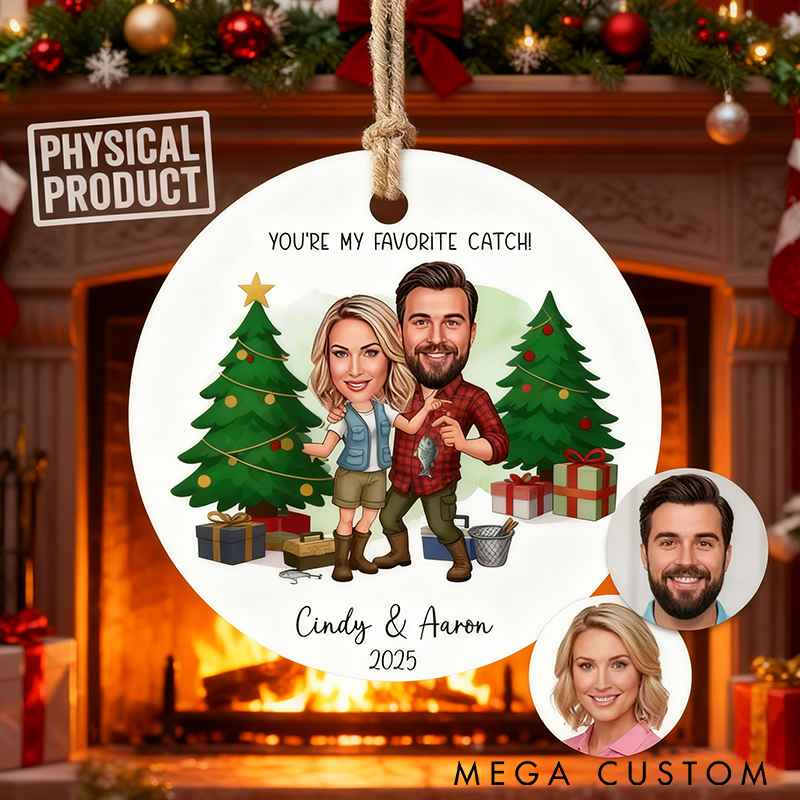Personalized Fishing Ornament Fishing Christmas Ornament Custom Couple Caricature and Names Perfect Holiday Gift for Fishing Lovers