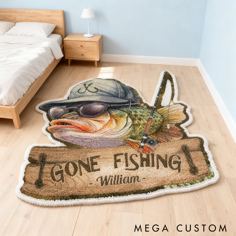 Personalized Gone Fishing Rug Custom Name Fish-Shaped Carpet for Kids Room or Fishing Lovers Graphic 3D Print Funny and Unique Home Decor Gift 