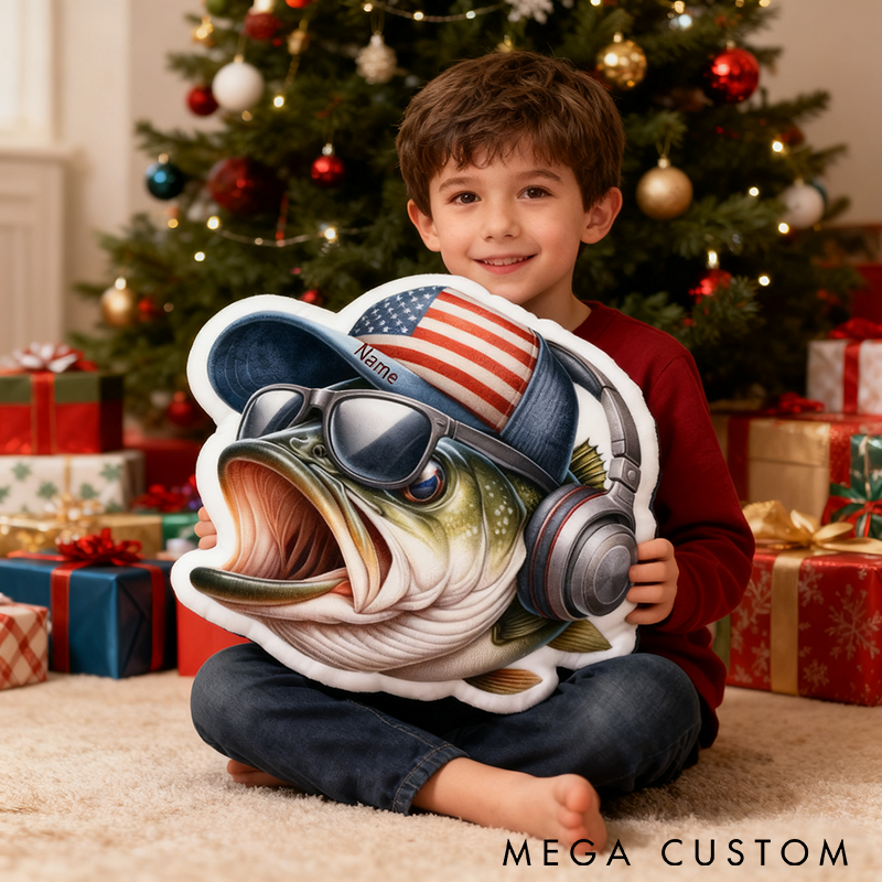 Personalized Fishing Pillow Funny Fishing Pillow Custom Name Funny Fish Design with Flag Hat and Headphones Perfect Gift for Kids and Fishing Enthusiasts