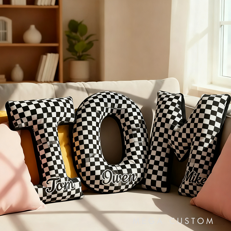 Personalized Checkered Flag Racing Letter Pillow with Custom Name 3D Graphic Print Cushion Gifts