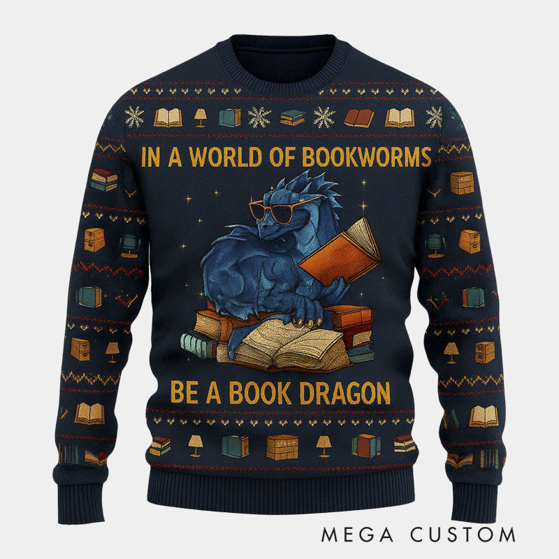 Personalized Funny Dinosaur Reading Ugly Christmas Sweater Gift for Librarians 